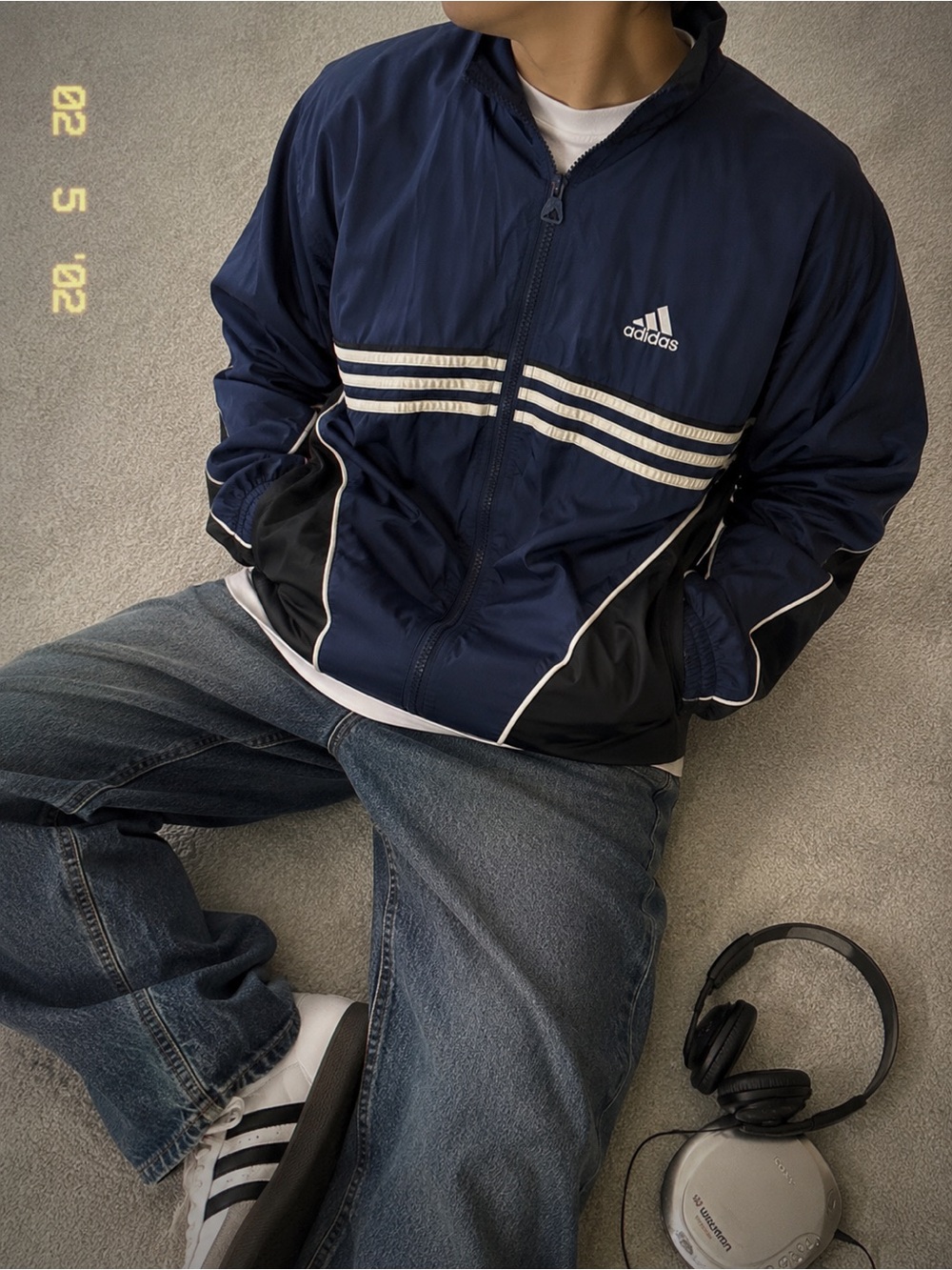 Y2K/Vintage Adidas Men’s Navy Track Jacket with White Stripes